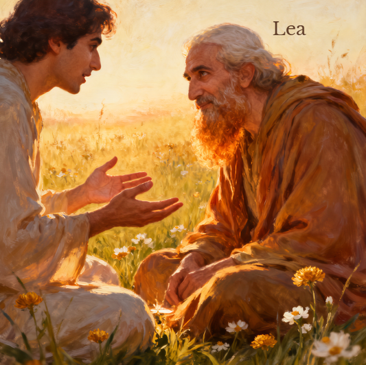 A painterly golden-hour scene of two people in conversation in a wildflower meadow, one listening closely. 